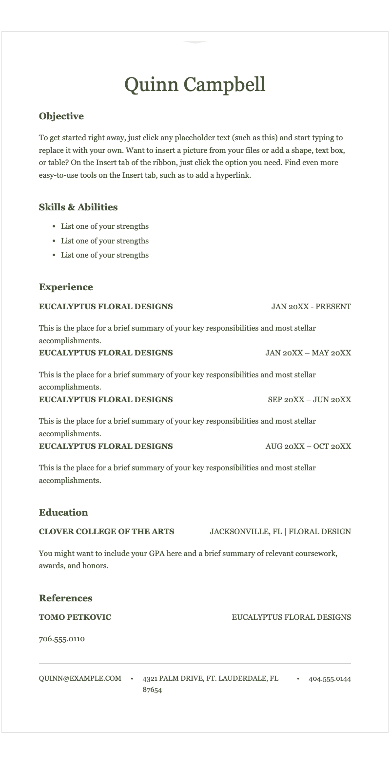 Elegant florist resume - Professional resume template for floral designers featuring elegant typography and clean sections.